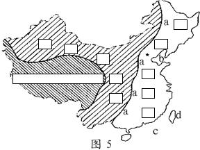 读我国三级阶梯分布图,完成下列要求 1 请在图5中的空白框内填写出我国的三级阶梯名称 2 请写出第一级阶梯上的一个地形区名称 请写出第二级阶梯上的两个地形区名称 