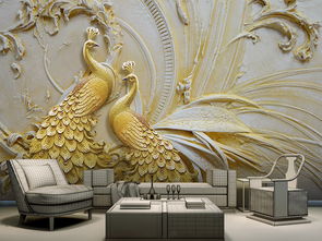 3D立体浮雕金色孔雀背景墙壁画图片素材 效果图下载 