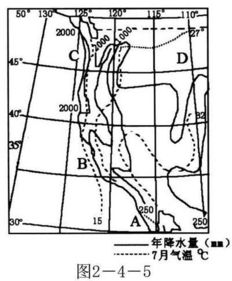 15．读图，完成下列要求：  (1)据图可知，A、B、C三地降水量差异较大，试从大气环流的角度分析其形成原因