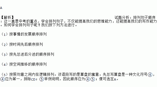 将下列句子组成语段.顺序排列正确的一项是 ①这些关于算盘计算功能之外的引申.把算盘深深地植入了中国历史文化之中.②在北京东岳庙的瞻岱门内两侧各挂着一副大算盘 