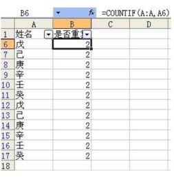 一张excel表格里如何查询重复的名字 