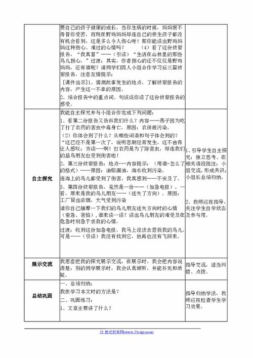 16 鸟儿的侦察报告 表格式教案 