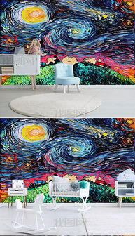 手绘油画彩色抽象星空卡通儿童房背景墙图片素材 效果图下载 