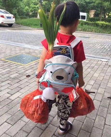 男童开学首日书包内背大葱及板刷 