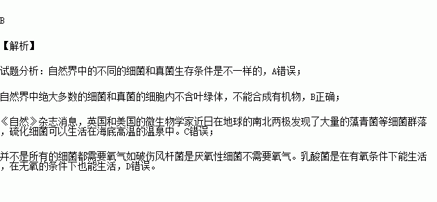 对于细菌和真菌的生存条件.下列说法正确的是 A.不同细菌和真菌的生存条件都是一样的B.绝大多数细菌和真菌不能合成有机物C.在寒冷的极地是无法找到细菌的D.细菌和真菌的生存都需要氧气 