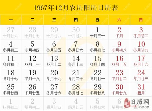 1967年日历表,1967年农历表 阴历阳历节日对照表