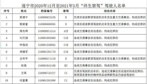 曝光 遂宁市公安局交警支队公布2021年上半年全市 终生禁驾 名单