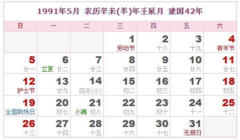 1991年日历表 1991年农历表 1991年是什么年 阴历阳历转换对照表 