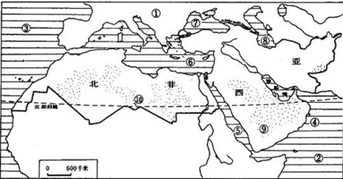 读 西亚 北非地理位置图 ,填写地理事物名称 7分 ③ 大洋 ④ nb... 