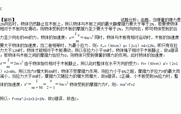 如图所示.一个质量为M 2 kg的小木板放在光滑的水平地面上.在木板上放着一个质量为m 1 kg的小物体.它被一根水平方向上压缩了的弹簧推着静止在木板上.这时弹簧的弹力为 