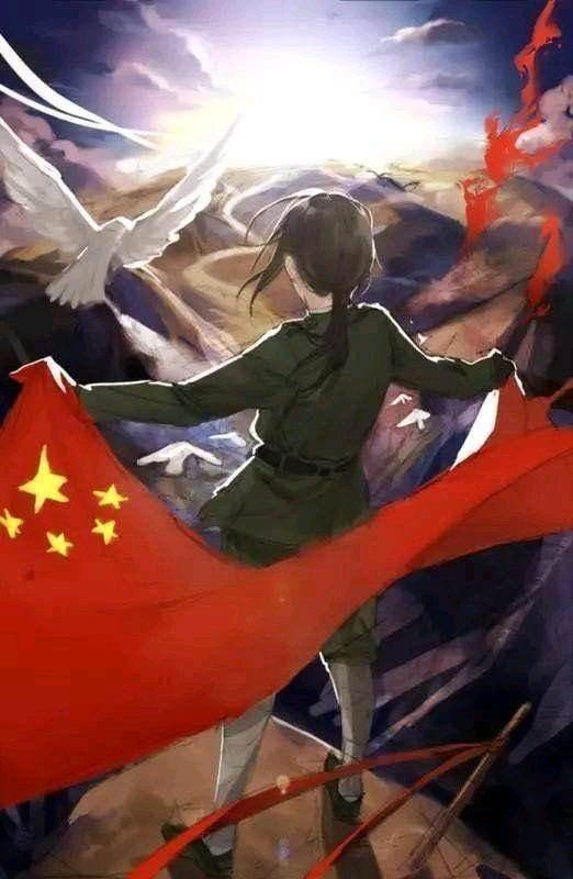 军人动漫头像国旗背景 