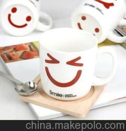 茶杯 水杯 定做杯子 笑脸表情木垫咖啡杯 带勺